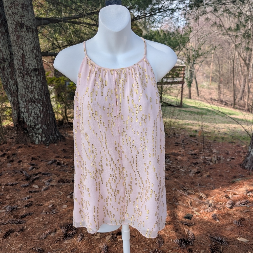 Lilly Pulitzer Del Mar Pink Gold Bubble Clip Dot Jacquard Silk Tank Top Medium